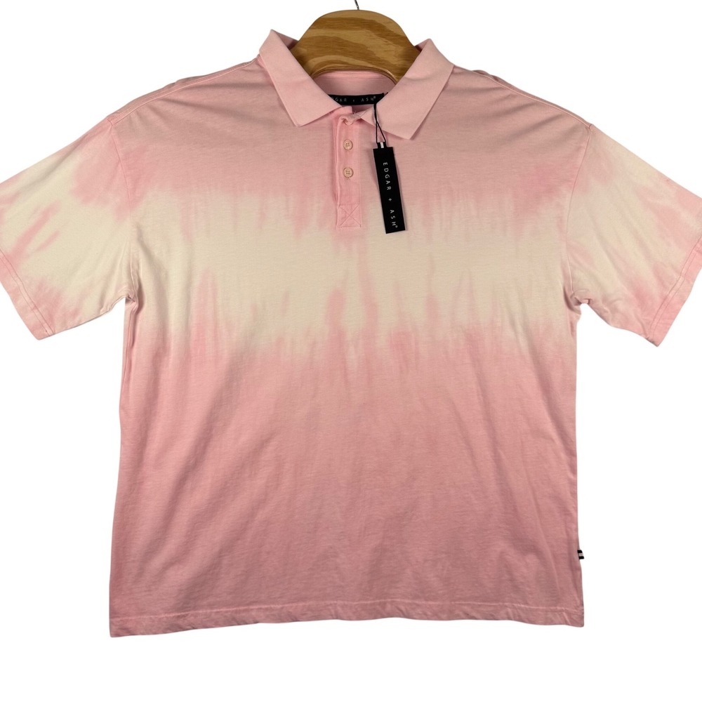 Edgar Ash Mens L Polo Shirt Pink White Tie Dye Dip Dye Ombre Cotton Preppy  NWT